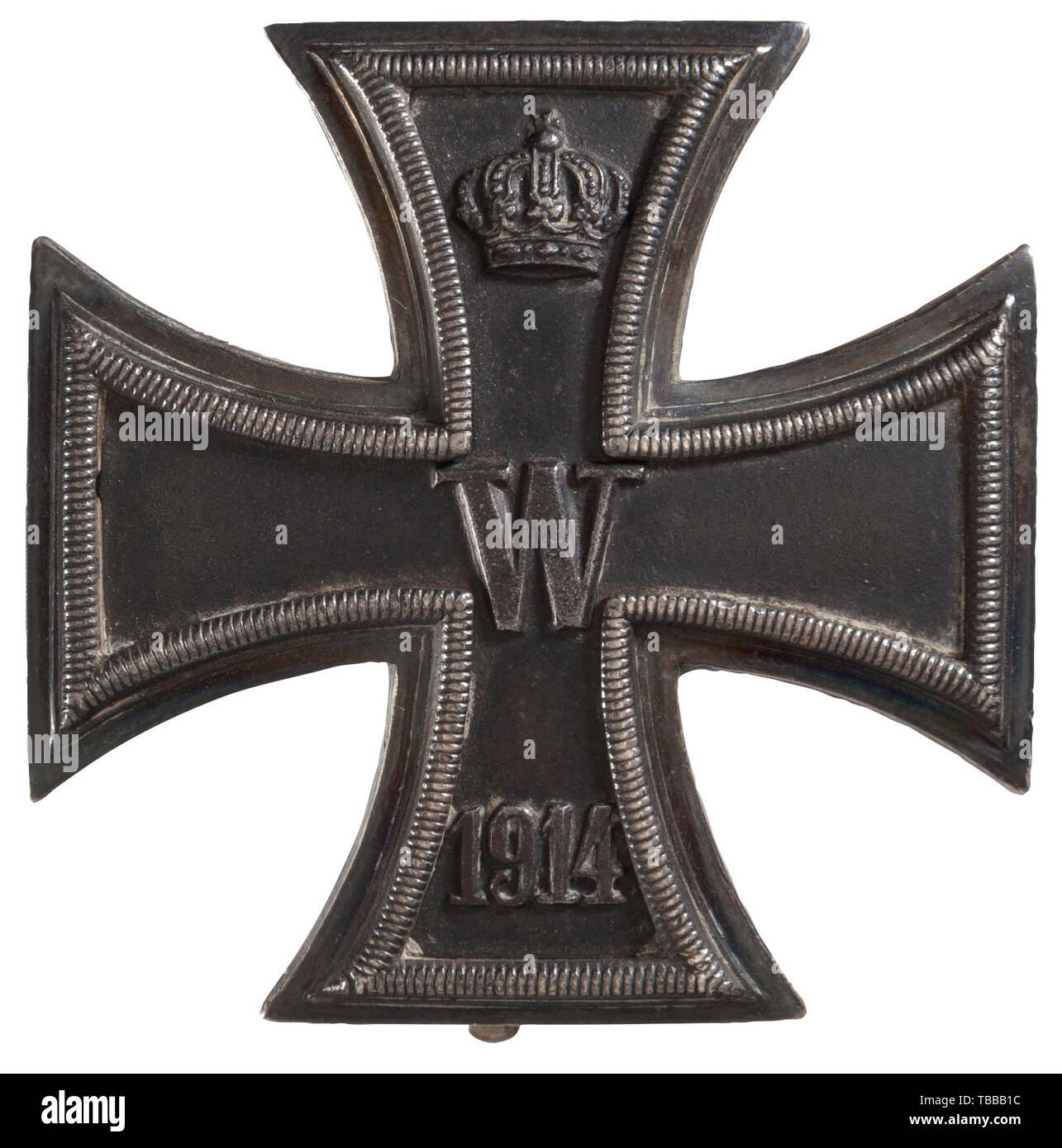 THE JOHN PEPERA COLLECTION, An Iron Cross 1914 1st Class with its Award Presentation Case, Silvered frame, iron core with well preserved paint, straight pin stamped '800' silver content. Black leatherette case with facsimile on lid., Editorial-Use-Only Stock Photo