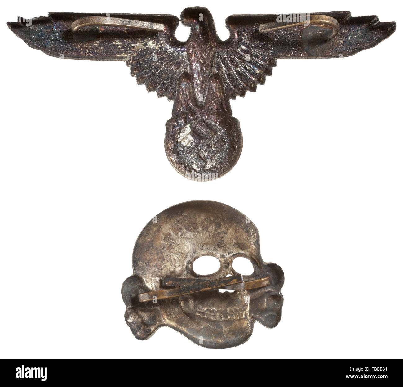 THE JOHN PEPERA COLLECTION, A matching set of SS insignia for the visor cap, Silvered cupal, the eagle marked "RZM 394-35", the skull "RZM M1/52"., Editorial-Use-Only Stock Photo