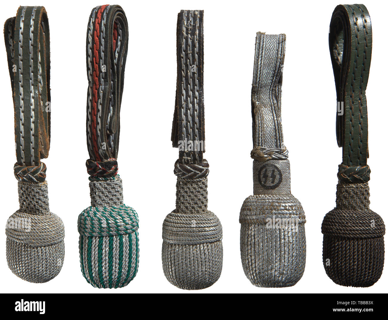 THE JOHN PEPERA COLLECTION, A Group of three Saber, two Degen Portepees, Three for army officer sabers constructed of green leather, silver/aluminium wire. One for a SS officer sword constructed of silver/aluminium wire and black thread, 28 cm in length, well worn. One for a fire police sword constructed of black leather, red thread, silver aluminium and green wire., Editorial-Use-Only Stock Photo