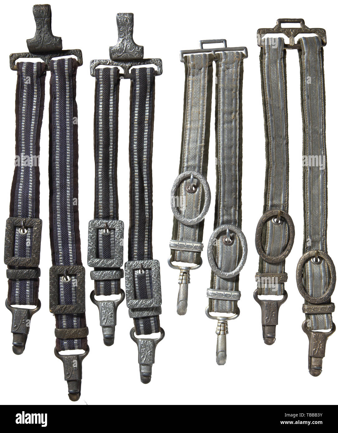 THE JOHN PEPERA COLLECTION, A Group of Army and Luftwaffe Dagger Hangers, Two pair Luftwaffe velvet backed blue-grey tress with vertical silver/aluminium stripes along each edge. Upper alloy metal clips with raised 'U.E. 10 RZM, DRGM' markings. Lower matching clips with stamped 'D.R.G.M.'. Two pair army green verlvet backed silver/aluminium tress with one set of unmarked aluminium fittings and the other with silvered alloy fittings, lower clips stamped 'D.R.G.M.'., Editorial-Use-Only Stock Photo