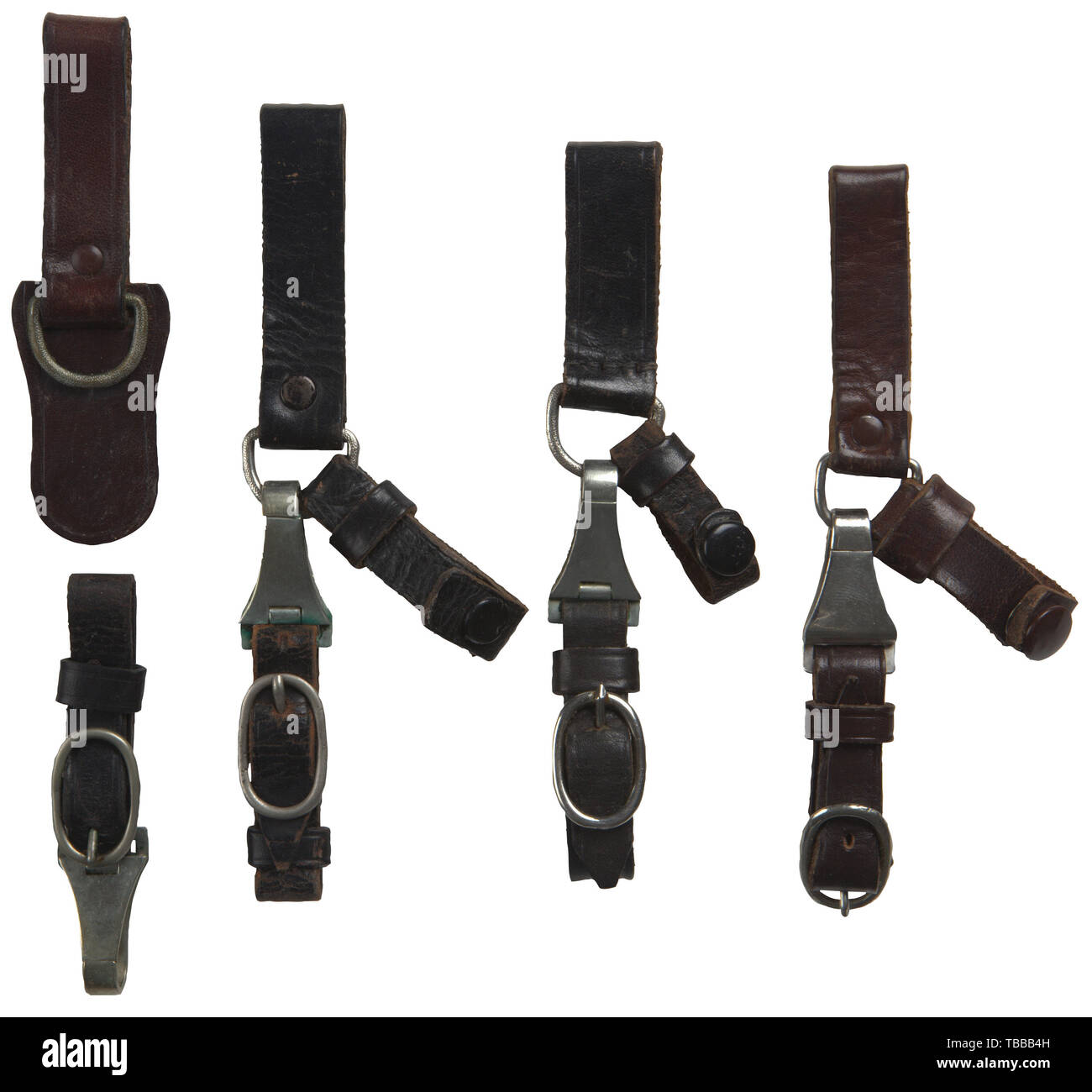 THE JOHN PEPERA COLLECTION, Group of four Leather Hangers for Political Daggers, Two black three-piece hangers with nickel fittings. Brown three-piece hanger reverse stamped 'RZM L2/371/39' with plated fittings, upper reverse clip stamped 'RZM M5/25'. Black one piece hanger with unmarked nickel clip. Brown belt loop., Editorial-Use-Only Stock Photo