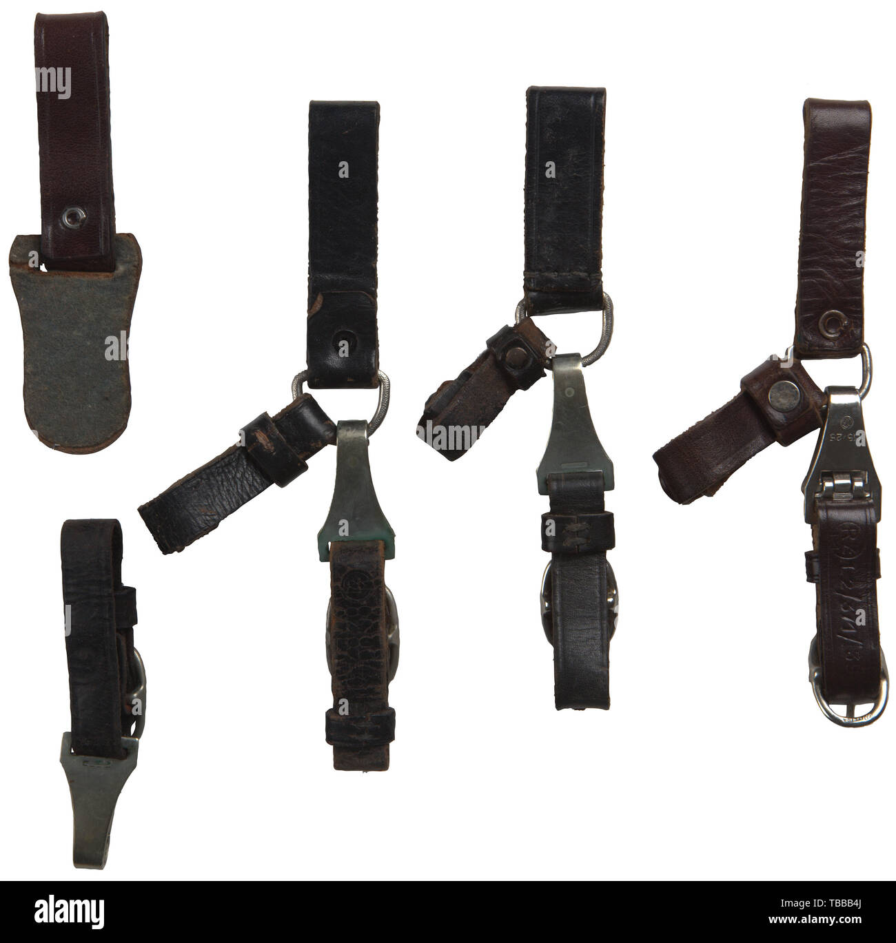 THE JOHN PEPERA COLLECTION, Group of four Leather Hangers for Political Daggers, Two black three-piece hangers with nickel fittings. Brown three-piece hanger reverse stamped 'RZM L2/371/39' with plated fittings, upper reverse clip stamped 'RZM M5/25'. Black one piece hanger with unmarked nickel clip. Brown belt loop., Editorial-Use-Only Stock Photo