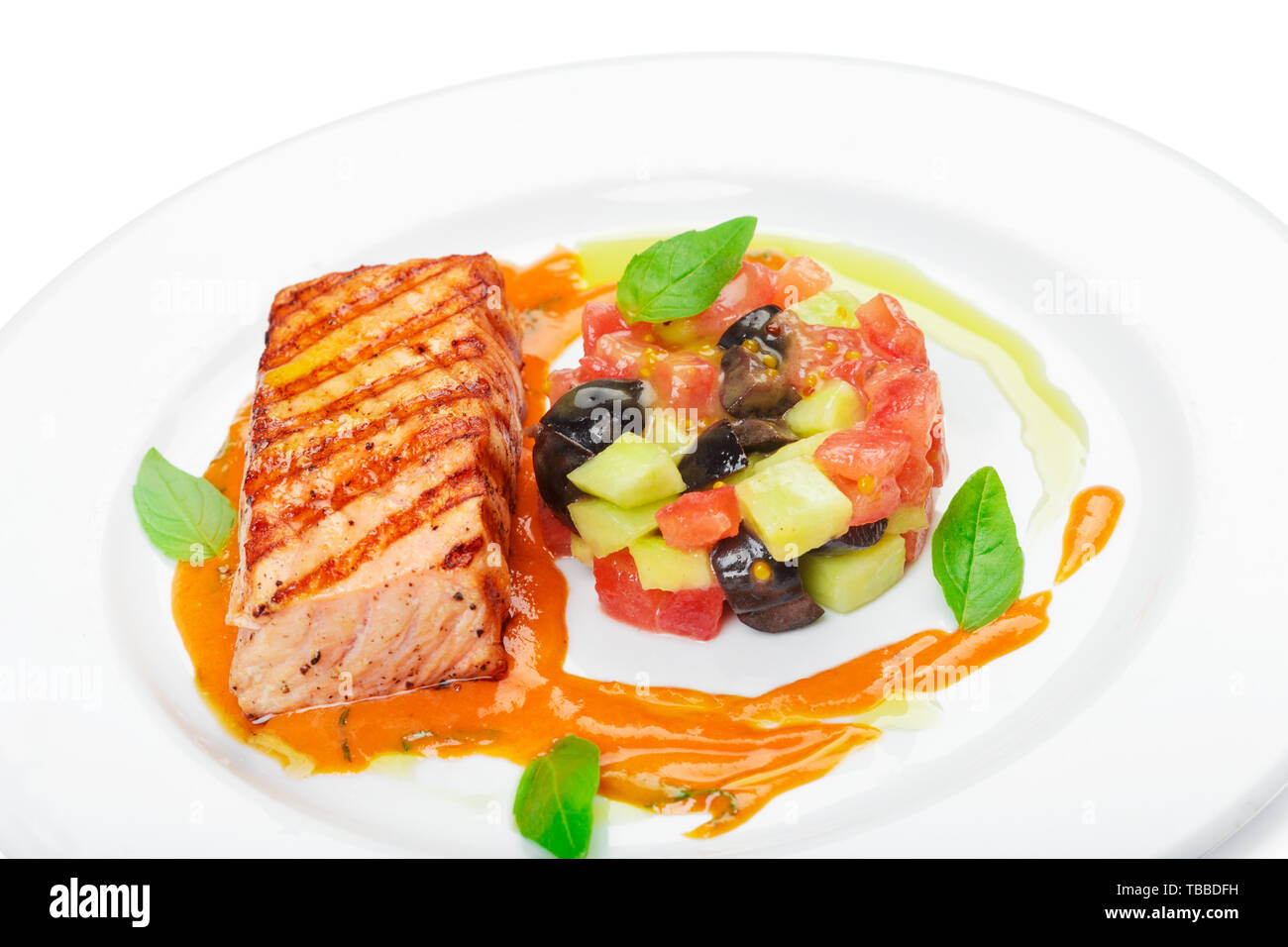 Grilled salmon fillet isolated on white Stock Photo - Alamy