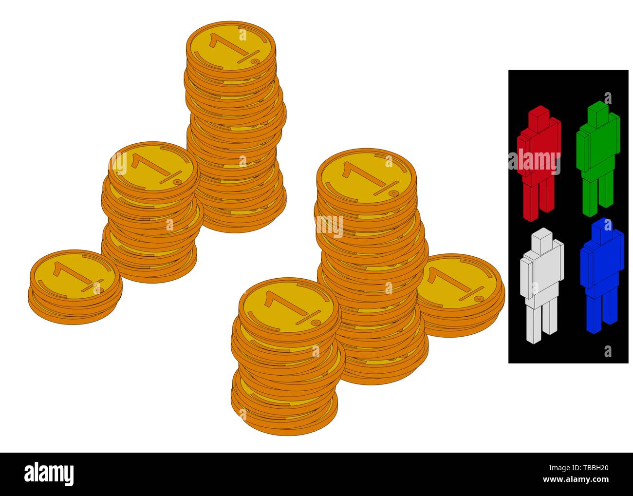Podium of stacks of coins. Many gold coins in towers. Stock Vector