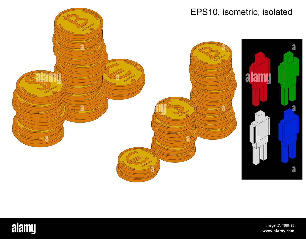 Podium of stacks of coins. Many gold coins in towers. Bitcoin,dollar,euro Stock Vector