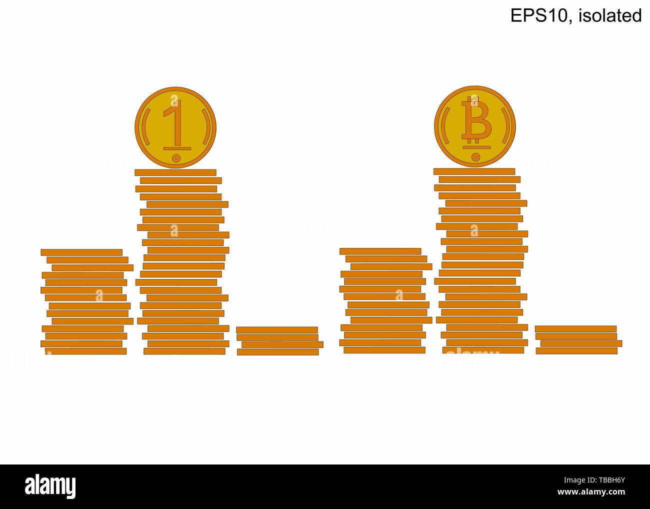 Podium of stacks of coins. Many gold coins in towers. Bitcoin. Stock Vector