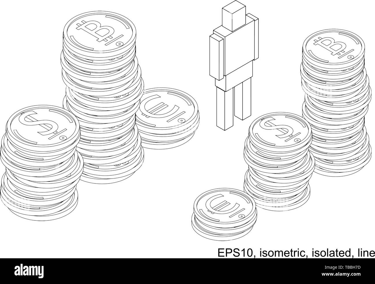 Podium of stacks of coins. Many gold coins in towers. Outline. Bitcoin, dollar, euro Stock Vector