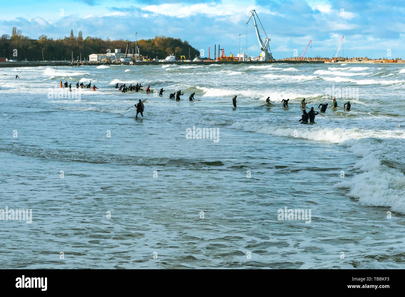 amber miners, amber fishing in the sea, Baltic sea, Kaliningrad region, Russia, 28 October 2018 Stock Photo