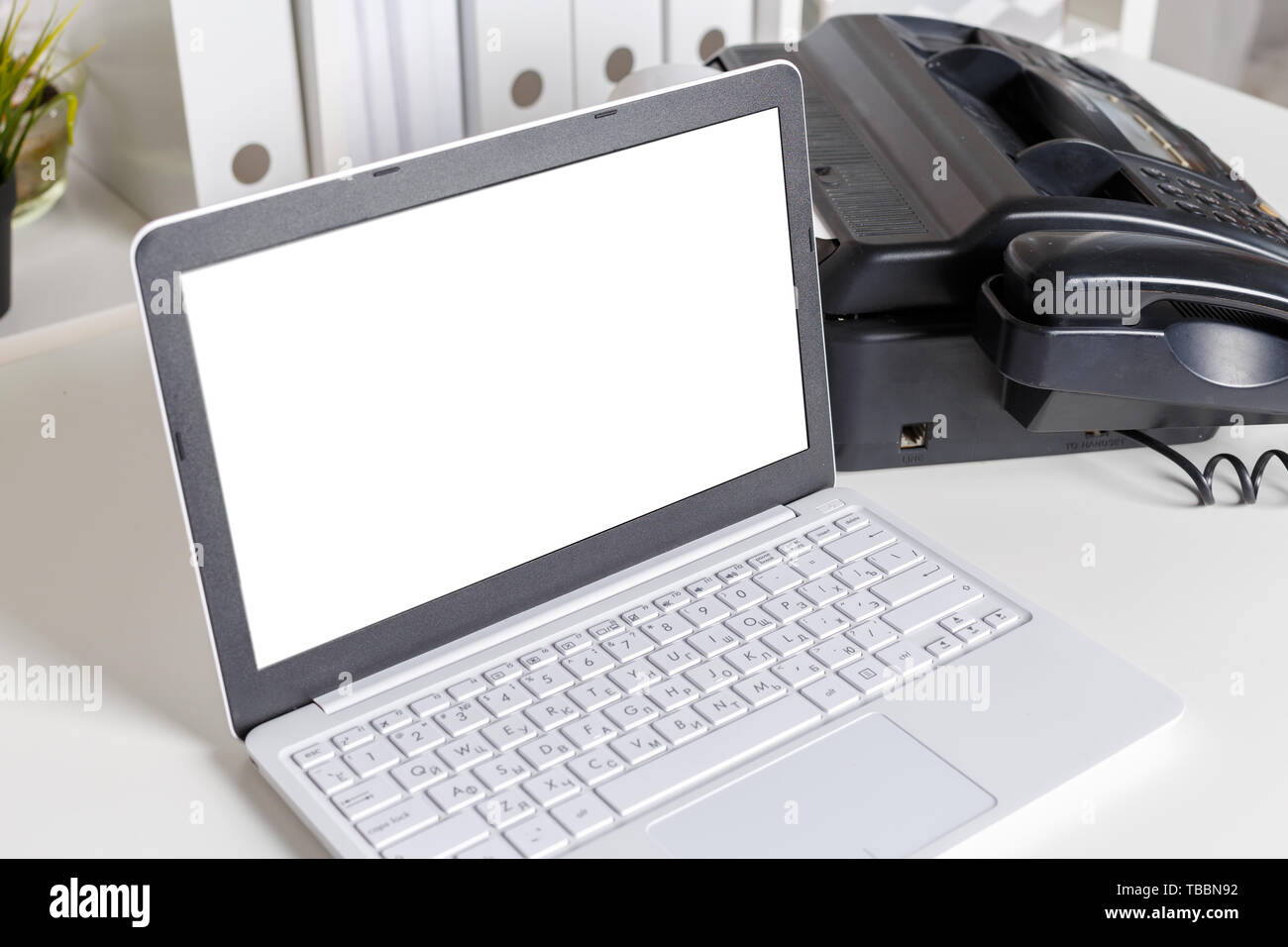 old fax machine on the table Stock Photo Alamy