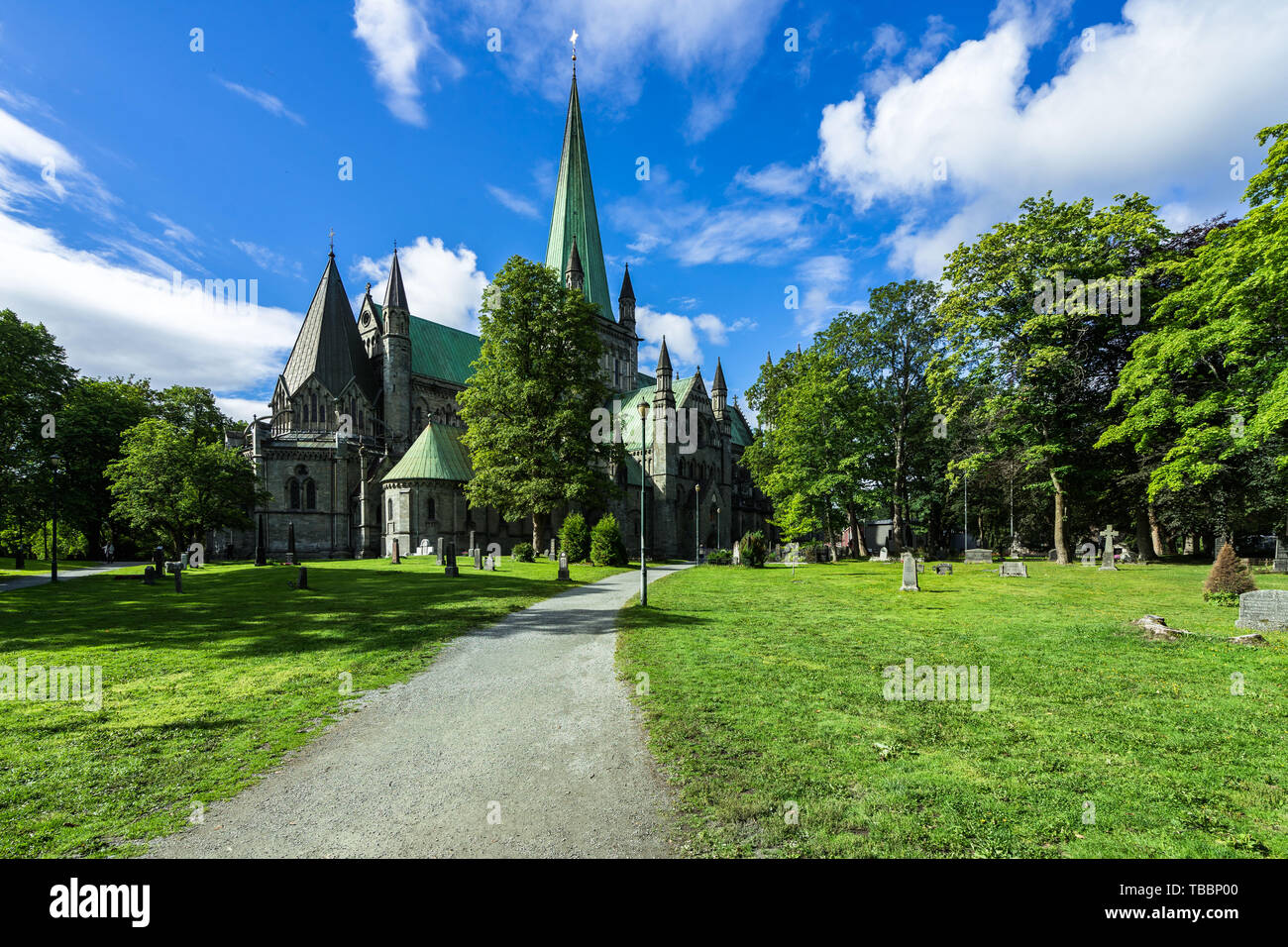 View of Nidaros Cathedral (Nidaros Domkirke) in a summer day, the northernmost medieval cathedral in the world, Trondheim, Norway Stock Photo
