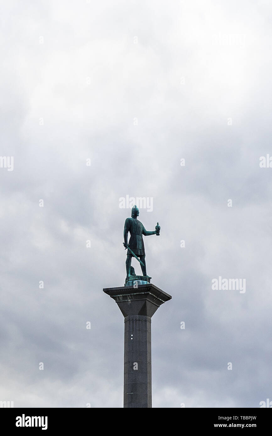 Statue of Olaf Tryggvason, the founder of Trondheim, Norway. The statue is located in Trondheim central plaza Stock Photo