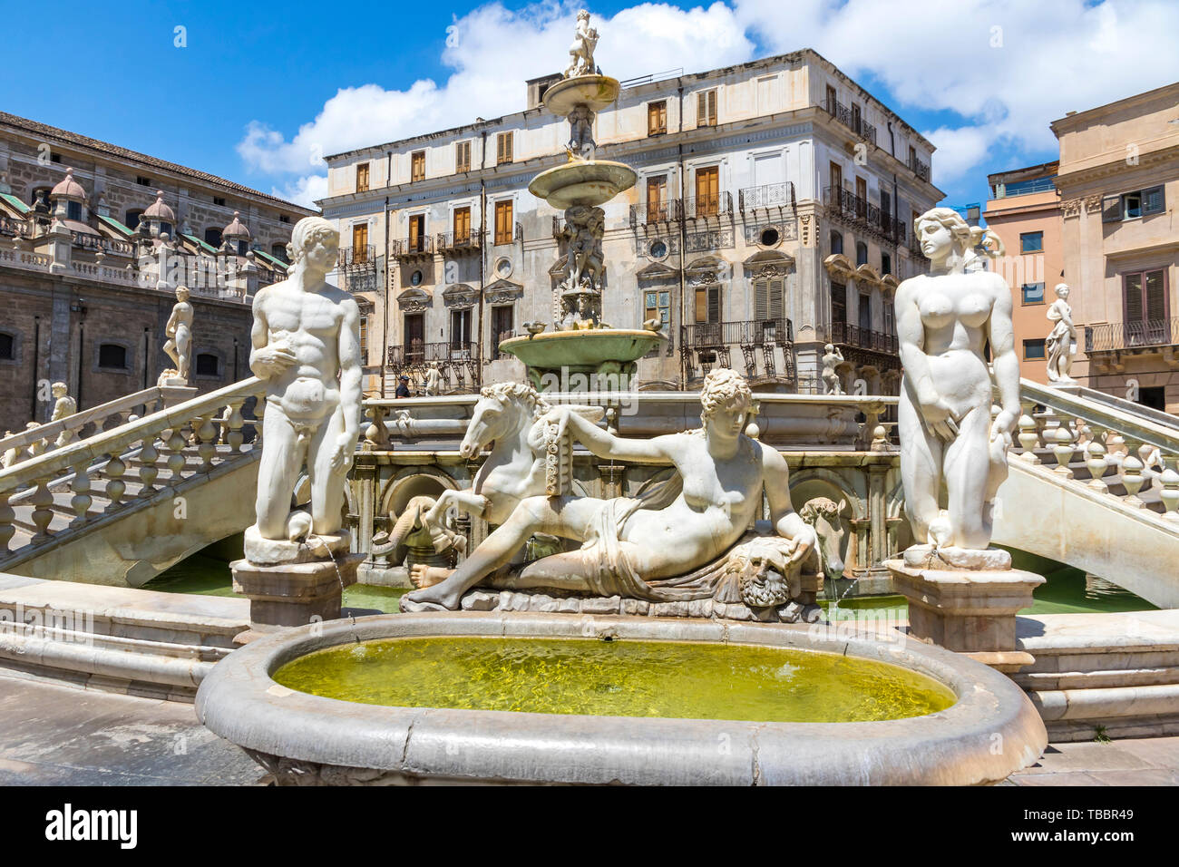 Praetorian Fountain (Italian: Fontana Pretoria) on Piazza Pretoria in Palermo, Sicily, Italy Stock Photo