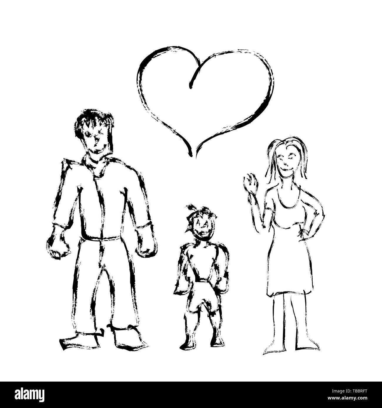 Cute child's hand drawn family with boy and heart icon isolated on white Stock Vector