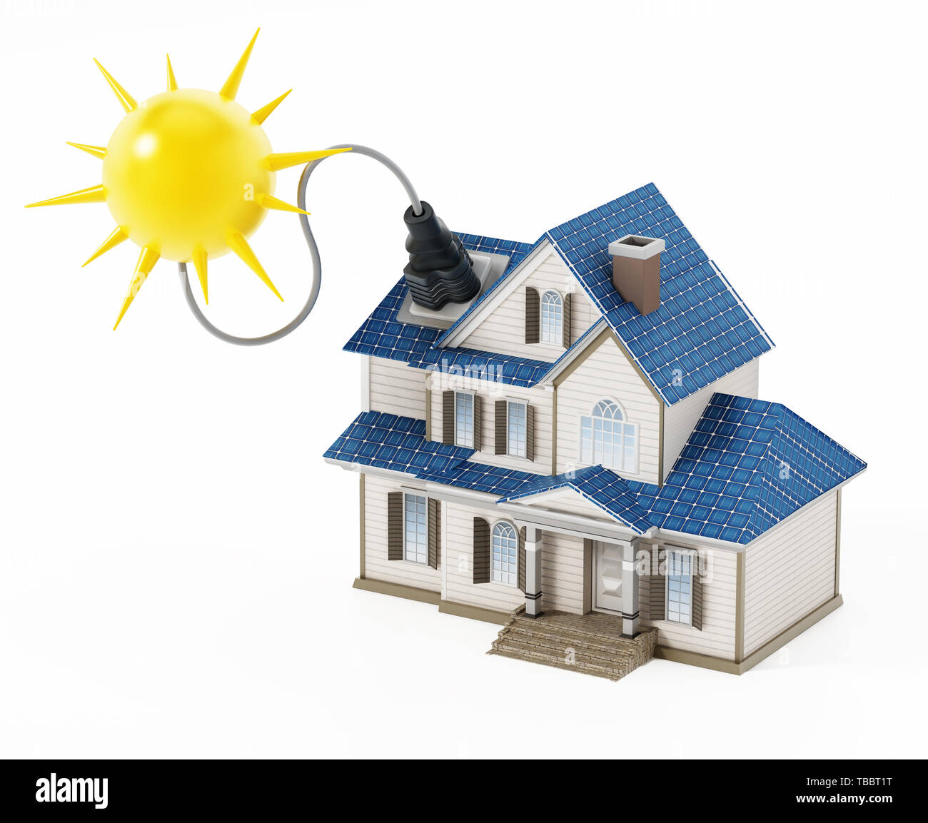 Luxury house covered with solar panels colllecting sunbeam. 3D illustration. Stock Photo