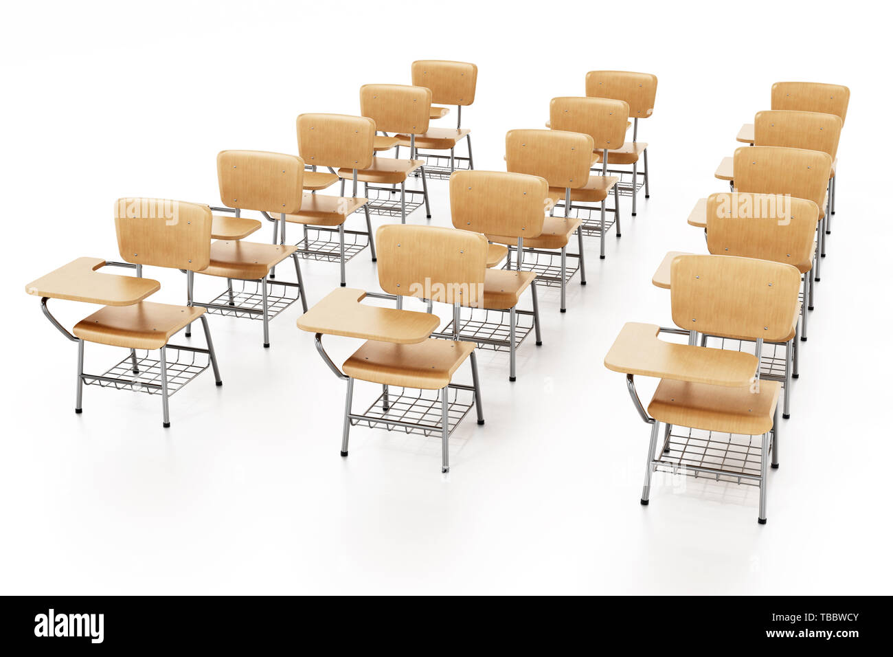 Student chairs isolated on white background. 3D illustration. Stock Photo