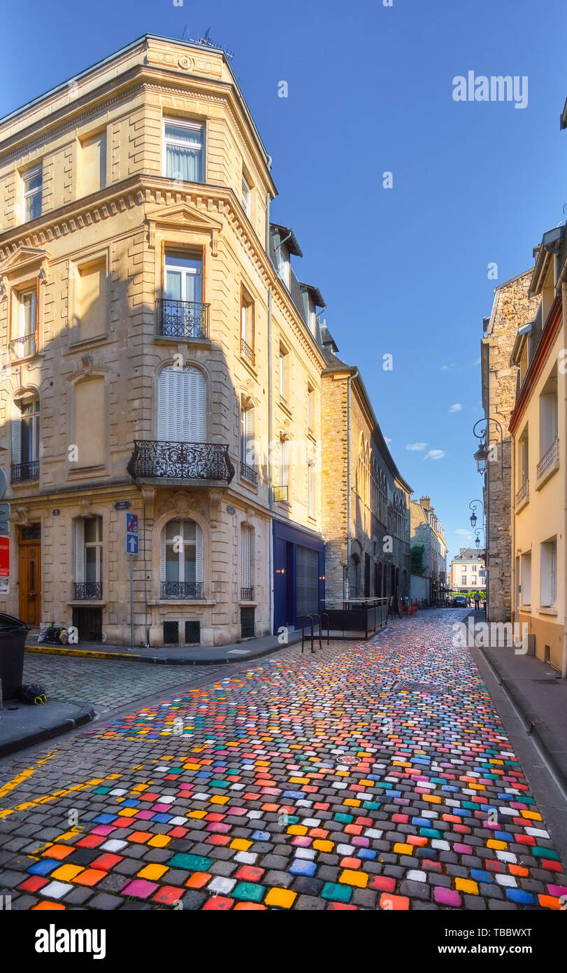 Colourful pavement of one Reims street near the city hall, spring France Stock Photo