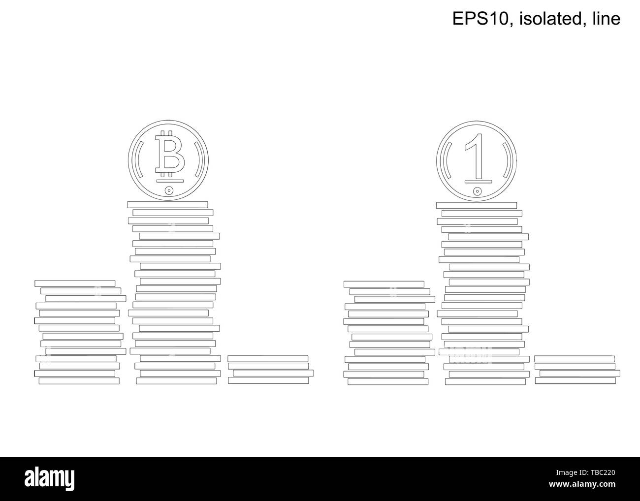 Podium of stacks of coins. Many gold coins in towers. Outline. Bitcoin. Outline Stock Vector