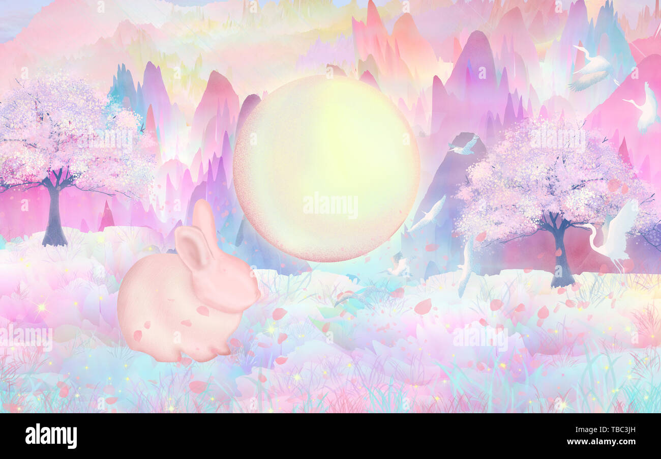 Mid Autumn Festival Moon Cake Festival Hundred Birds And Phoenix Flowers Full Moon Illustration Packaging Stock Photo Alamy