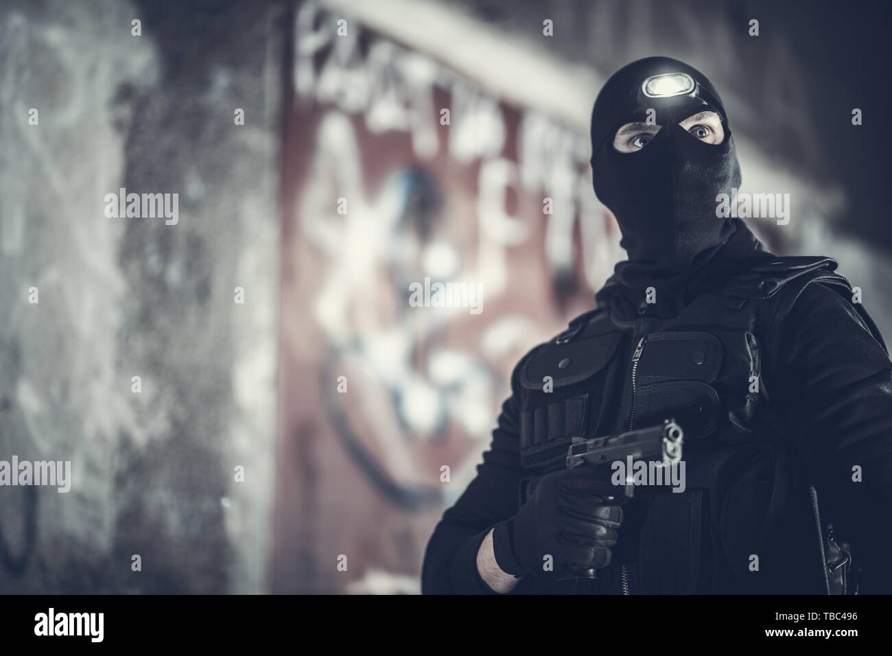Counter Terrorist Portrait. Men Wearing Mask and Tactical West. Special Forces Soldier. Stock Photo