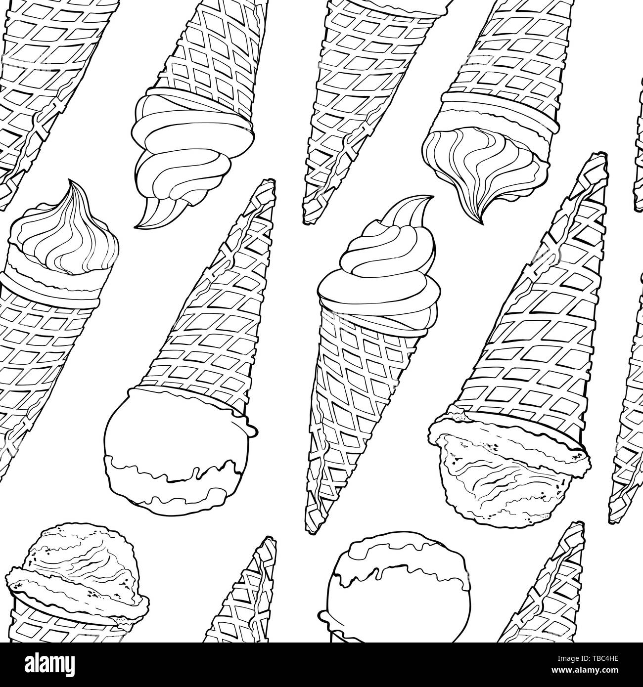 Vector seamless pattern. Endless texture with hand drawn ice creams in waffle cones. Black and white.Background with ice creams isolated on a white Stock Vector