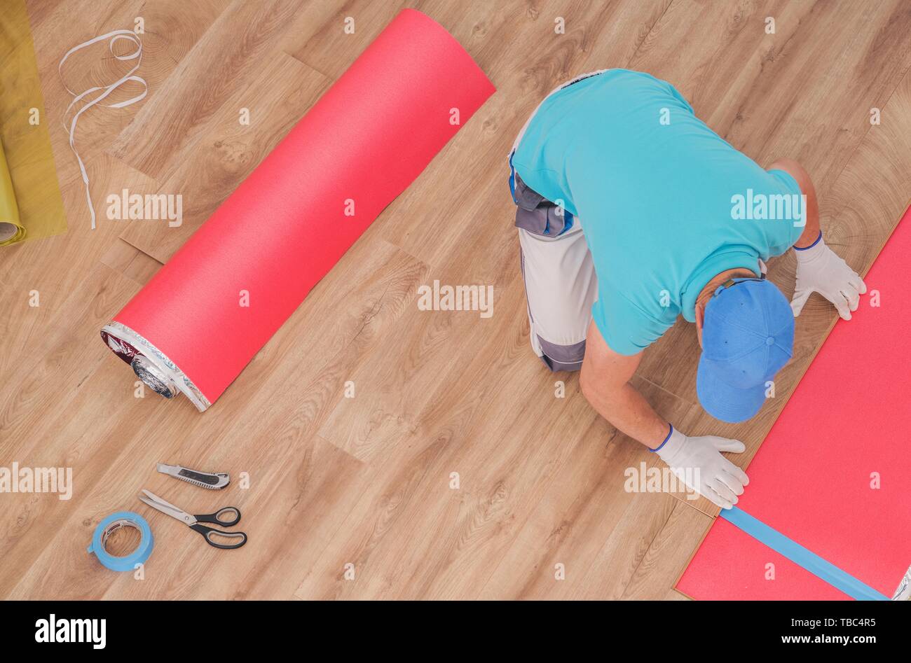 Laminate Floor Panels Installation By Professional Caucasian
