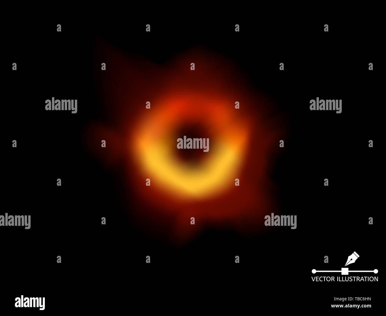 Black hole in outer space. Mesh looks like realistic black hole. Supermassive object in the center of the galaxy. Scientific discovery of 2019. Vector Stock Vector