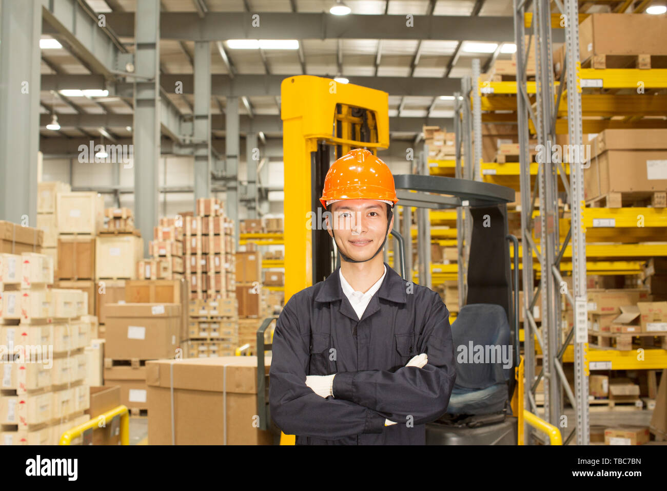 Logistics personnel load and unload cargo at the warehouse Stock Photo ...