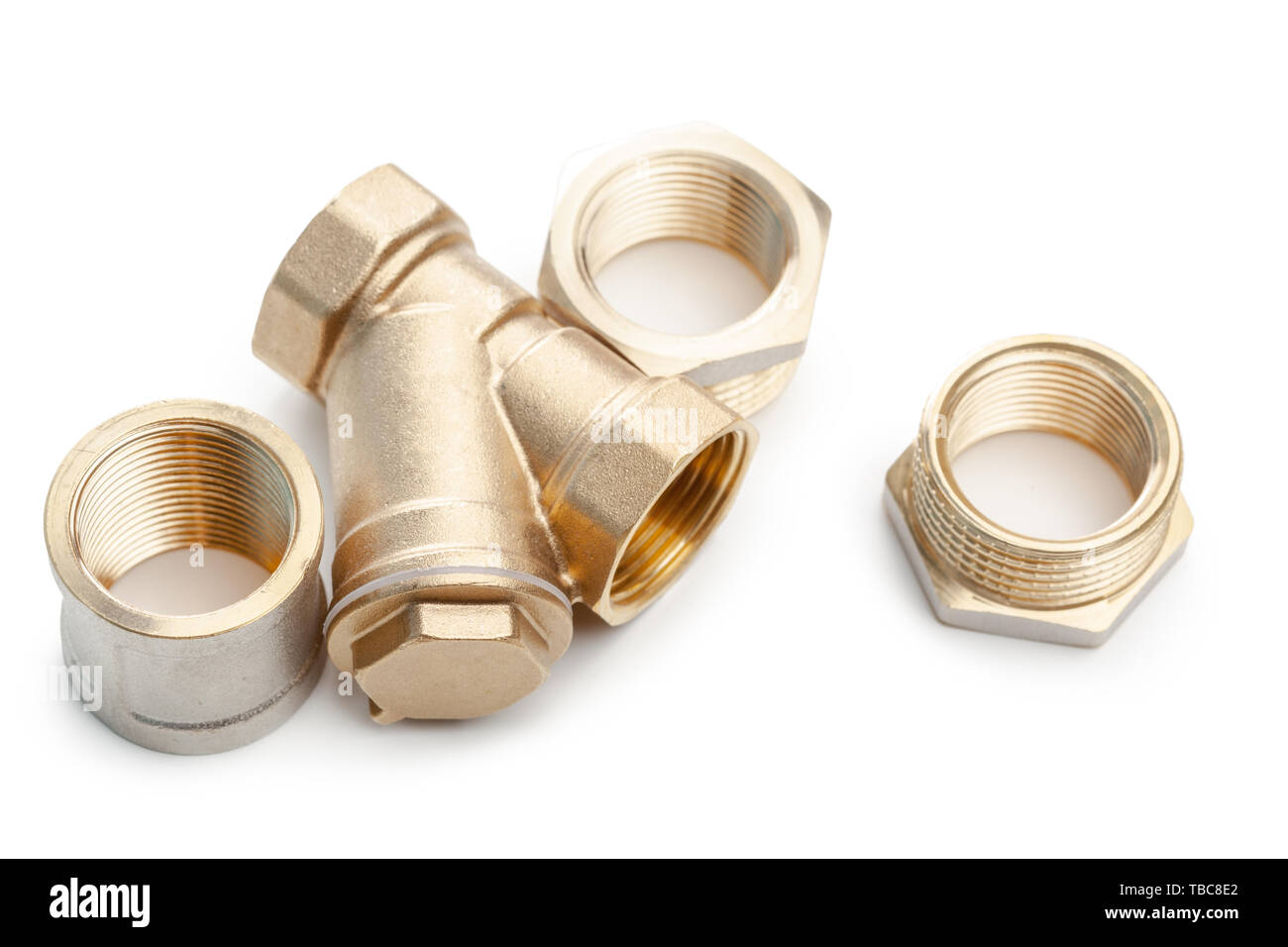Set of metal-plastic plumbing couplings, adapters, plugs isolated on ...