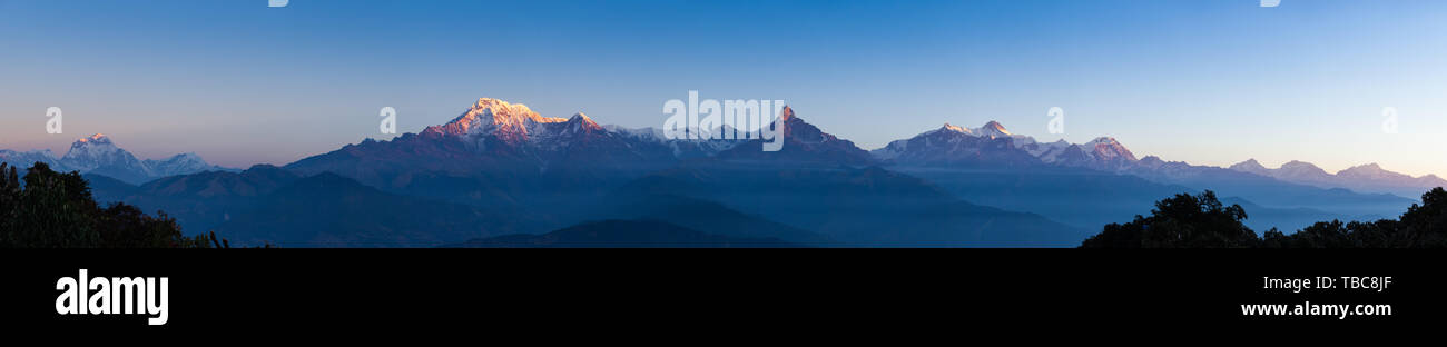 Panorama of Dhaulagiri, Annapurna, Hiunchuli, Machapuchare, Manaslu, and more in Nepal Stock Photo