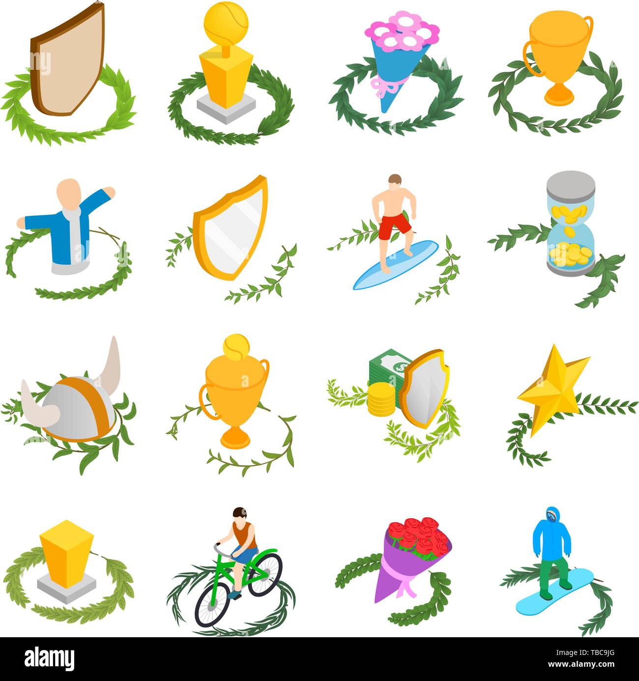 Victory icons set, isometric style Stock Vector