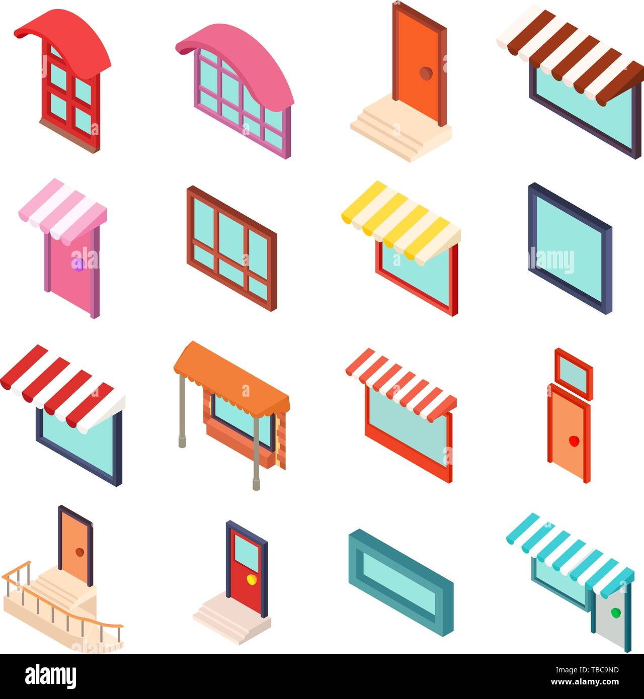 Facade icons set, isometric style Stock Vector