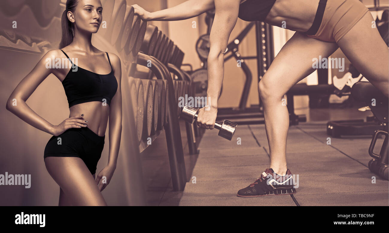 Muscular young female athletes, creative collage. Caucasian women training  at the gym with the weights. Concept of cross-fit, fitness, motion, sport  Stock Photo - Alamy