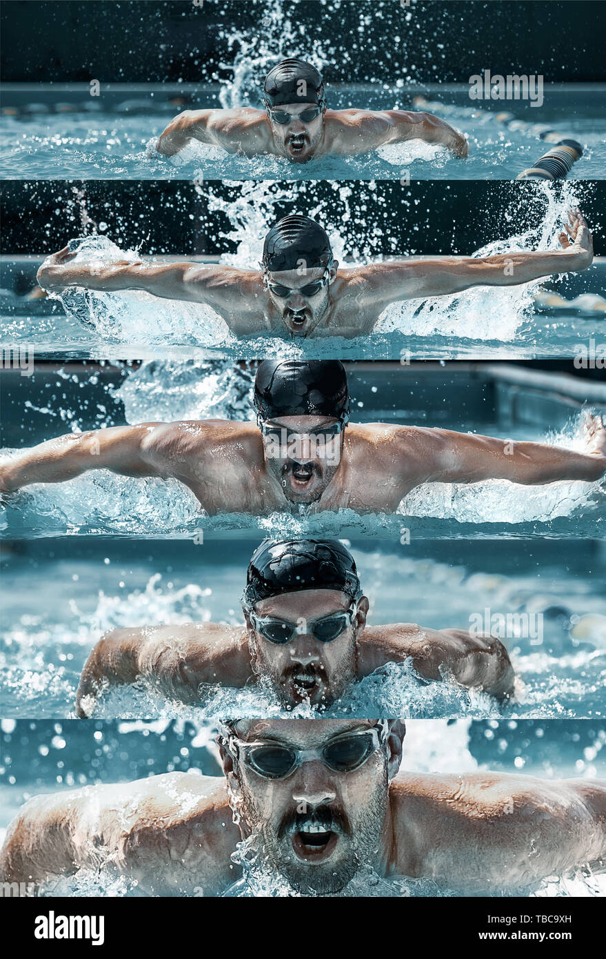 Caucasian male professional swimmer in pool. Man swimming for the