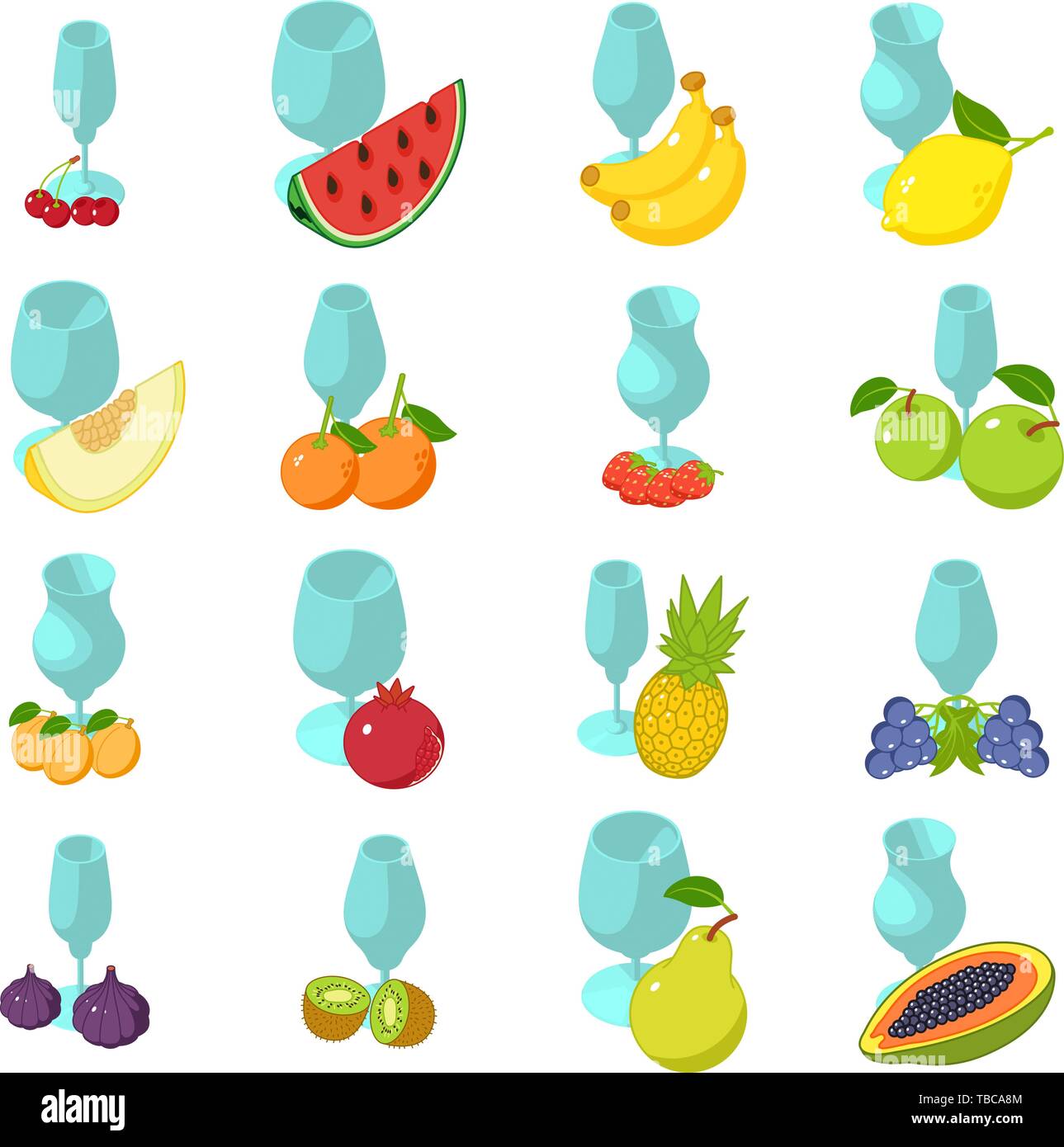 Fruit cocktail icons set, isometric style Stock Vector