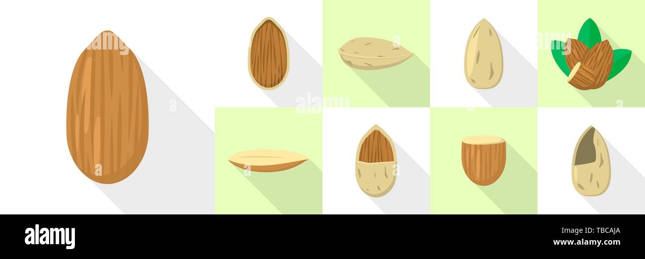 Almond nut icons set, flat style Stock Vector