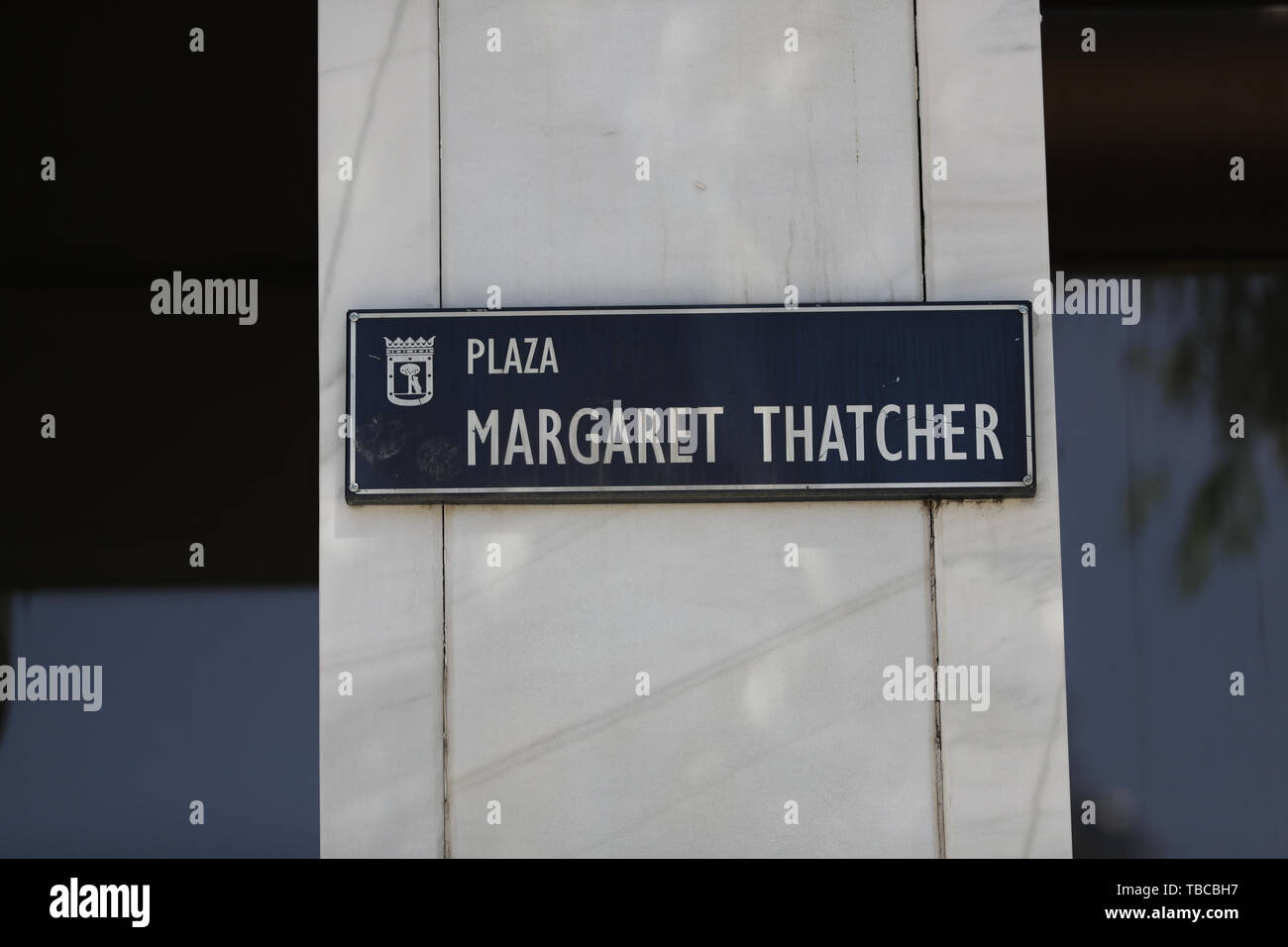 A street sign of Margaret Thatcher square in Madrid, which has been renamed by Liverpool fans as 'Jeremy Corbyn square' ahead of the Champions League Final at the Wanda Metropolitano stadium on Saturday night. Stock Photo