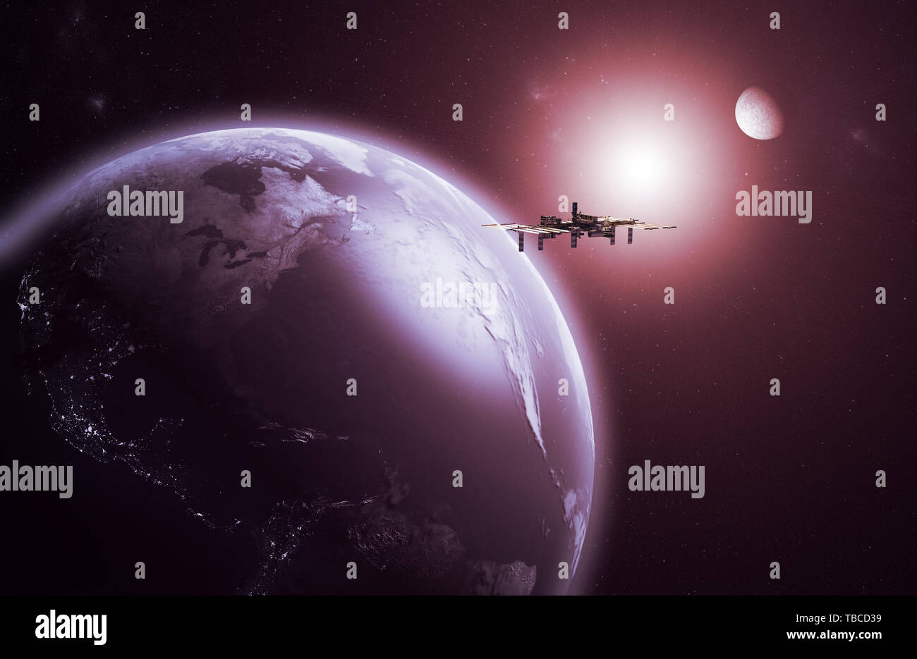 3D rendering of a space Station orbiting the Earth Stock Photo