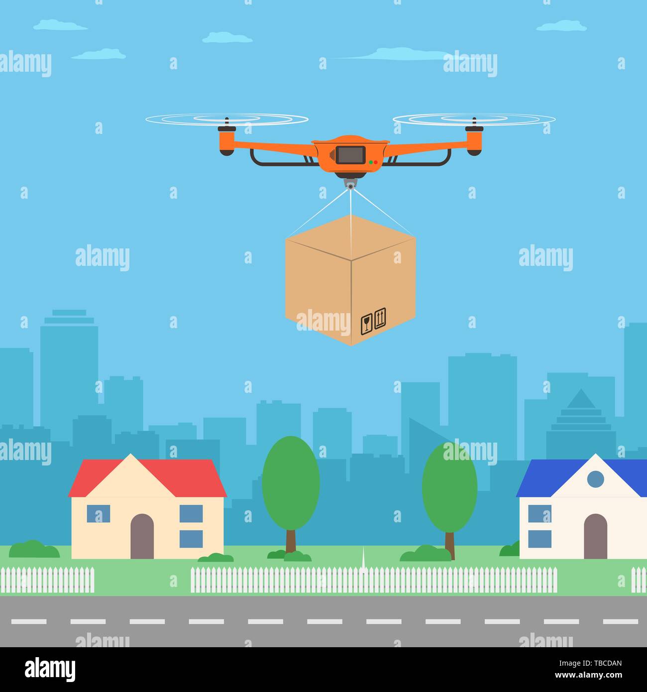 Delivery drone with the package. City background. Modern delivery of ...