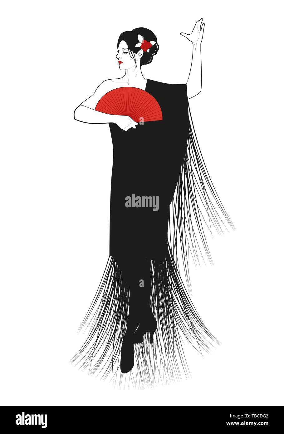 Spanish woman dressed in fringed shawl, wearing fan and flower in her hair, dancing flamenco Stock Vector