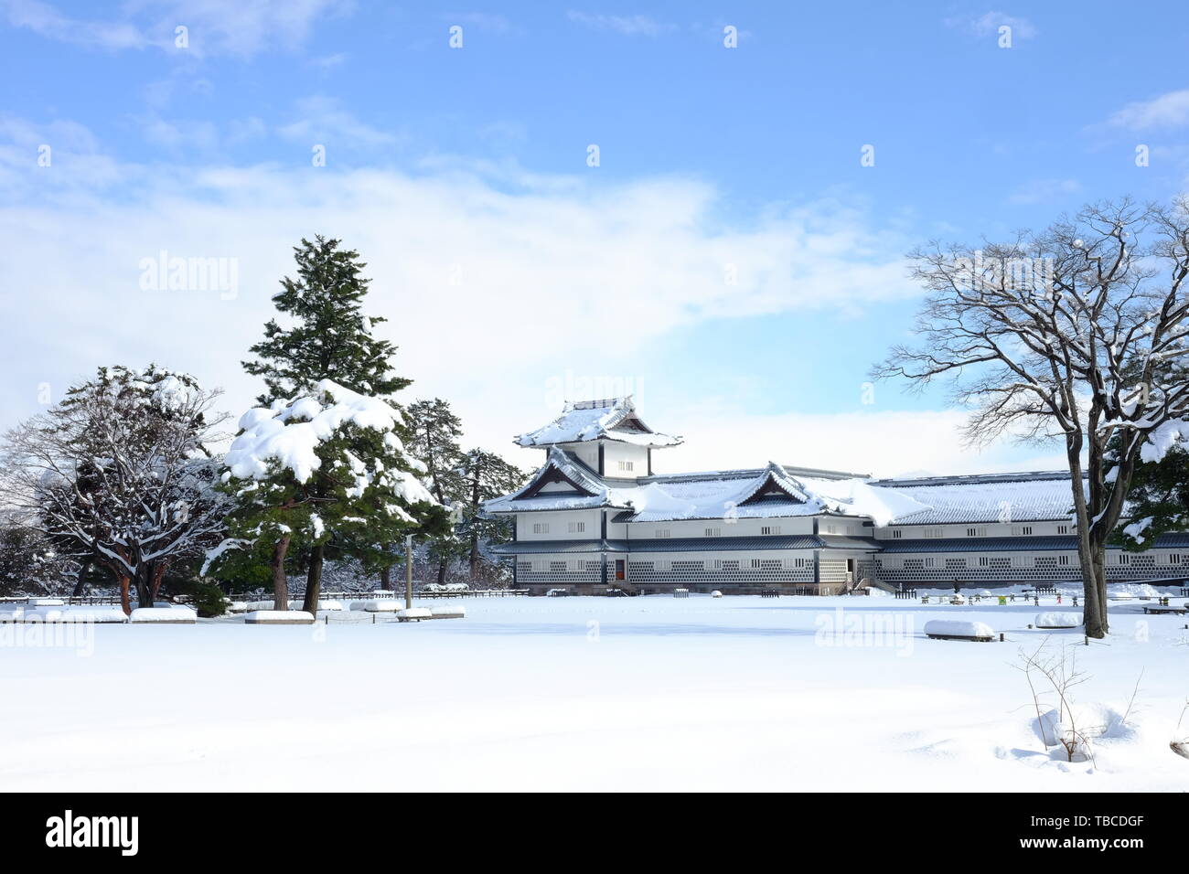 Kanazawa castle in winter snow Stock Photo