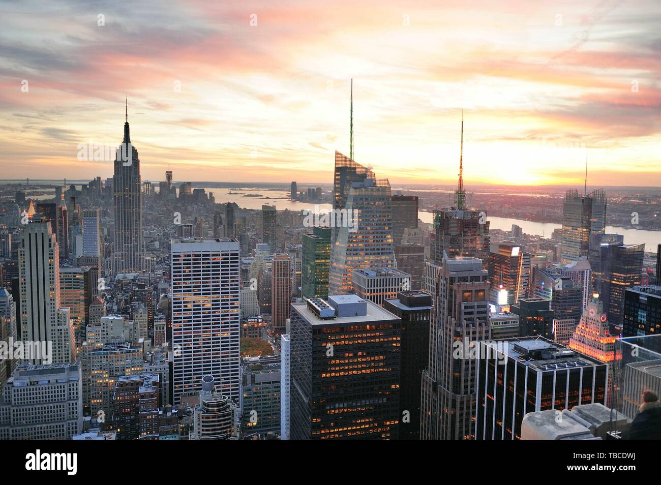 New York City skyline aerial view at sunset with colorful cloud and ...