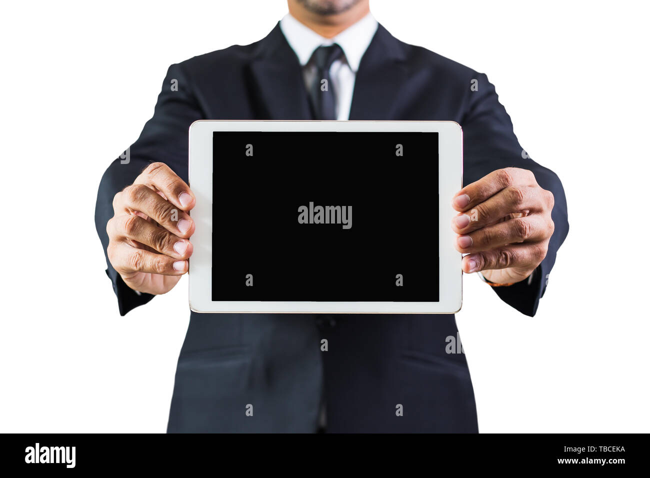 Close up image of business man holding a digital tablet . Stock Photo