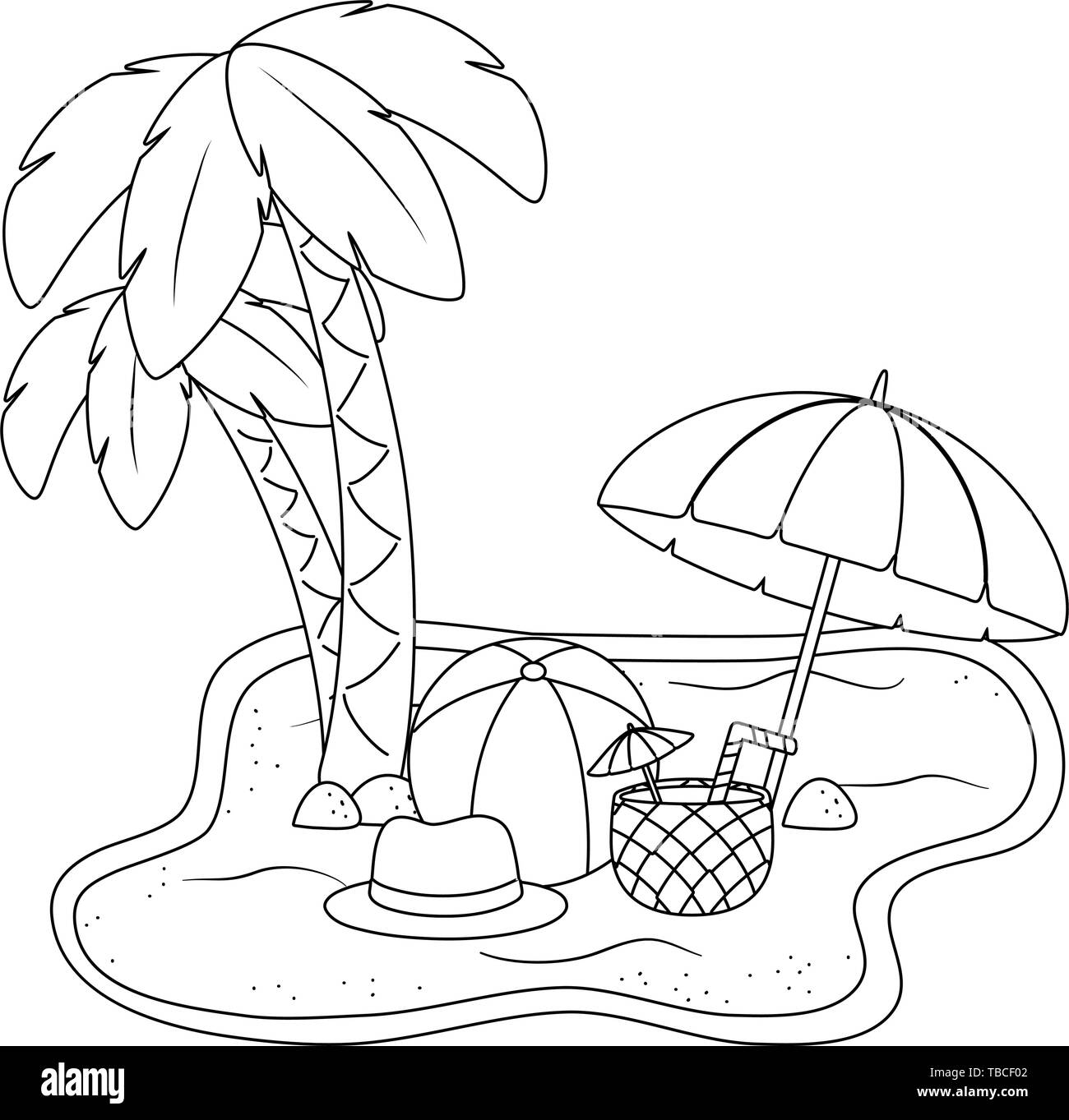 landscape beach on sand with beach ball hat drink and umbrella summer