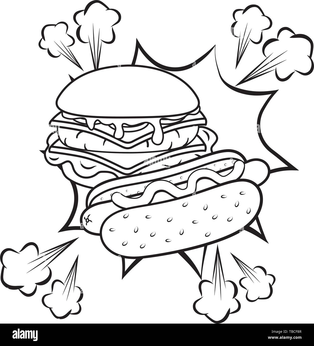 hamburger and hot dog with sauce icon cartoon pop art black and white vector illustration graphic design Stock Vector