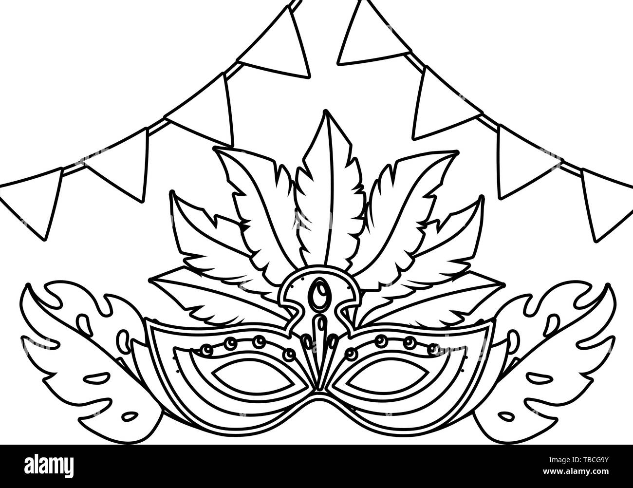mask brazil carnival with feathers between pennants and