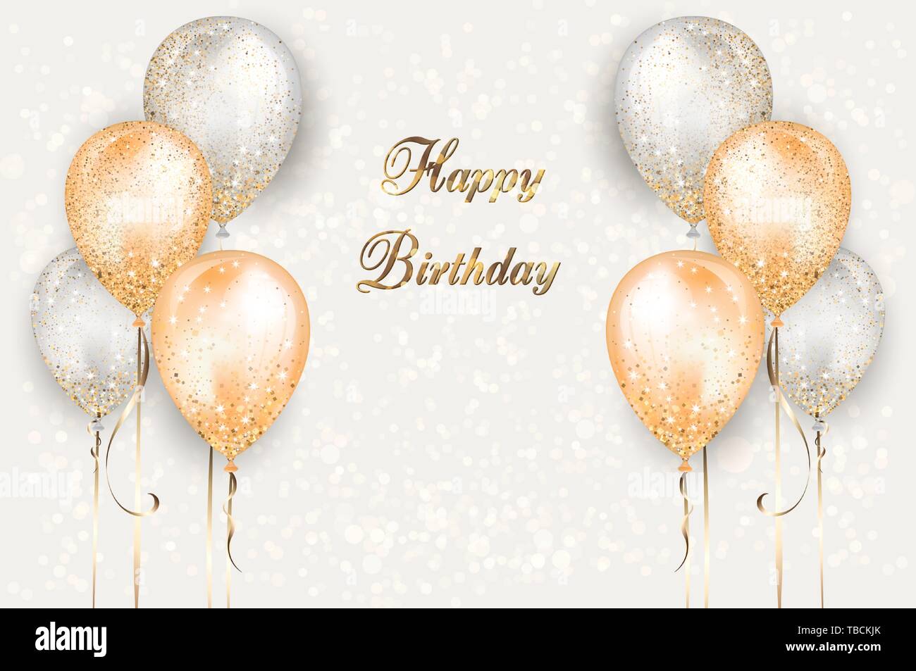 Background with gold and white balloons on strings with gold glitter ...