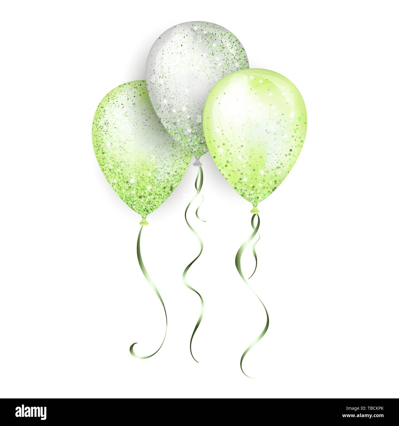 Flying glossy white and green shiny realistic 3D helium balloons with gold  ribbon and glitter sparkles, perfect decoration for birthday party brochure  Stock Vector Image & Art - Alamy