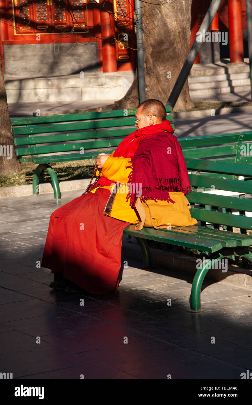 Monk sitting paying in the garden af the lama temple in Beijing, China. Beijing, China - December 24, 2014. Stock Photo