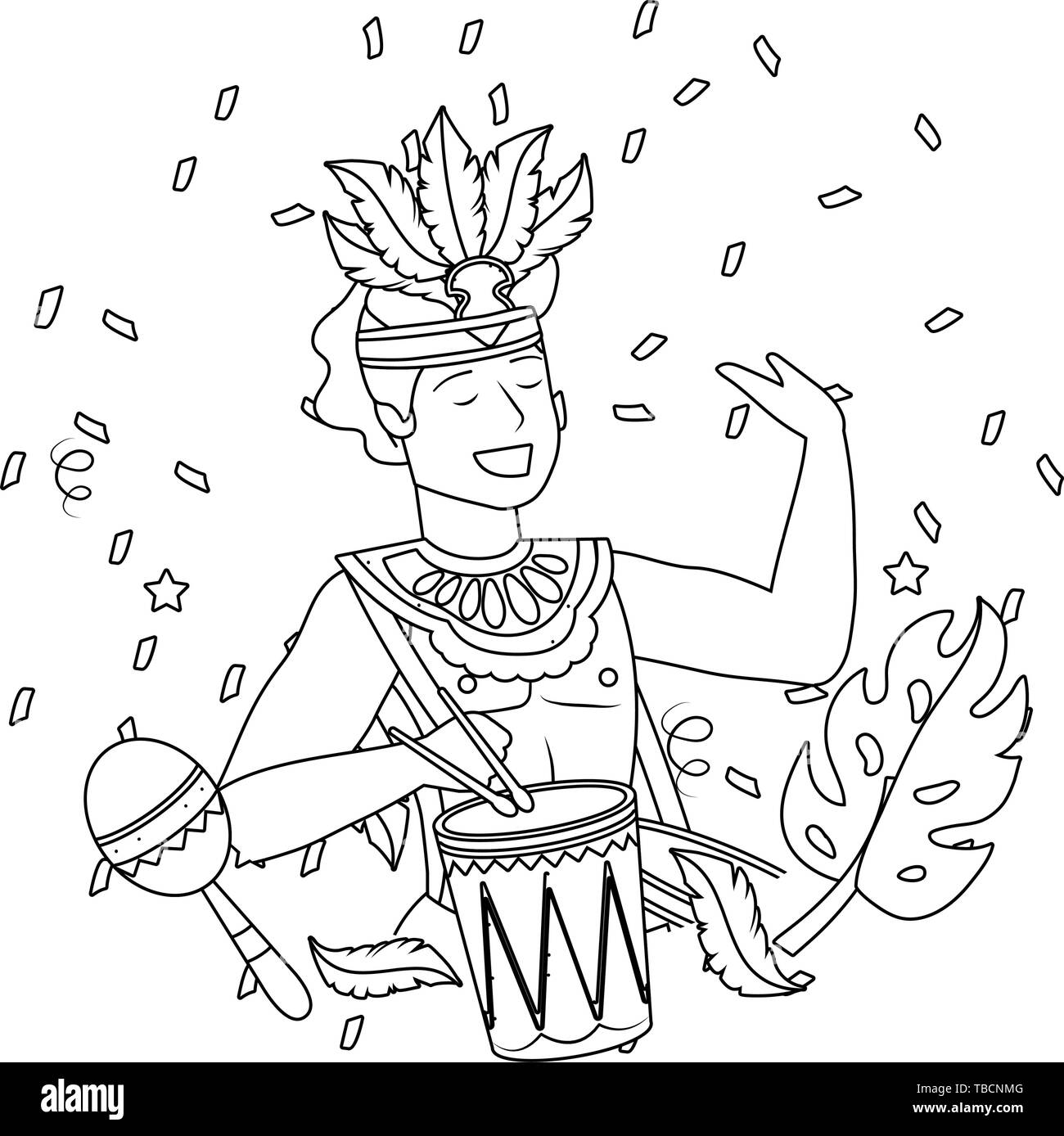 man with feather headdress drume and maracas celebrating brazil carnival vector illustration editable Stock Vector