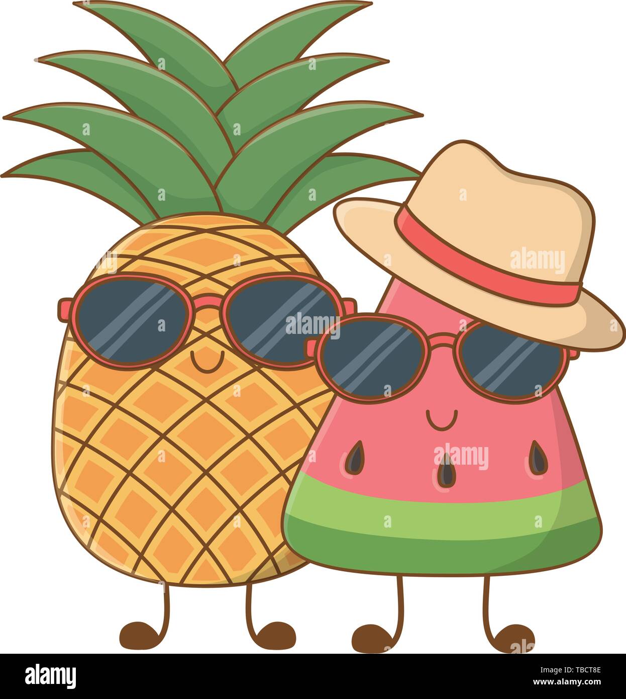 Summer fruits watermelon and pineapple with sunglasses and hat cartoons